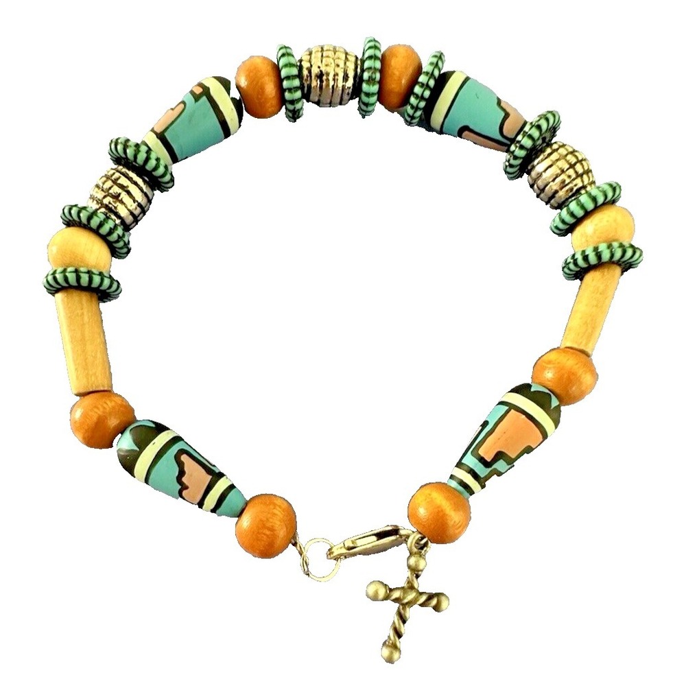 Southwest American Bead Bracelet Cross Charm Sterling Silver Stunning 8"